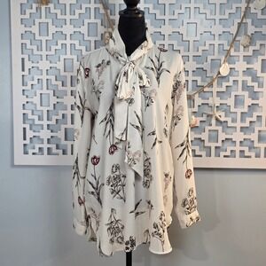 Loft Outlet Womens Floral Tie Neck Blouse Cream Black Long Sleeve Size M
